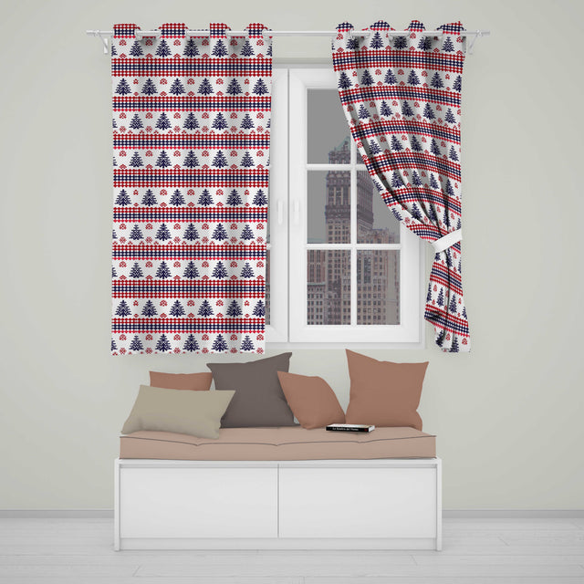 Cute Red White Blue Nordic Christmas Tree Snowflake Seamless Pattern  Readymade Eyelet Ring Top Thermal 100% Blackout Curtains