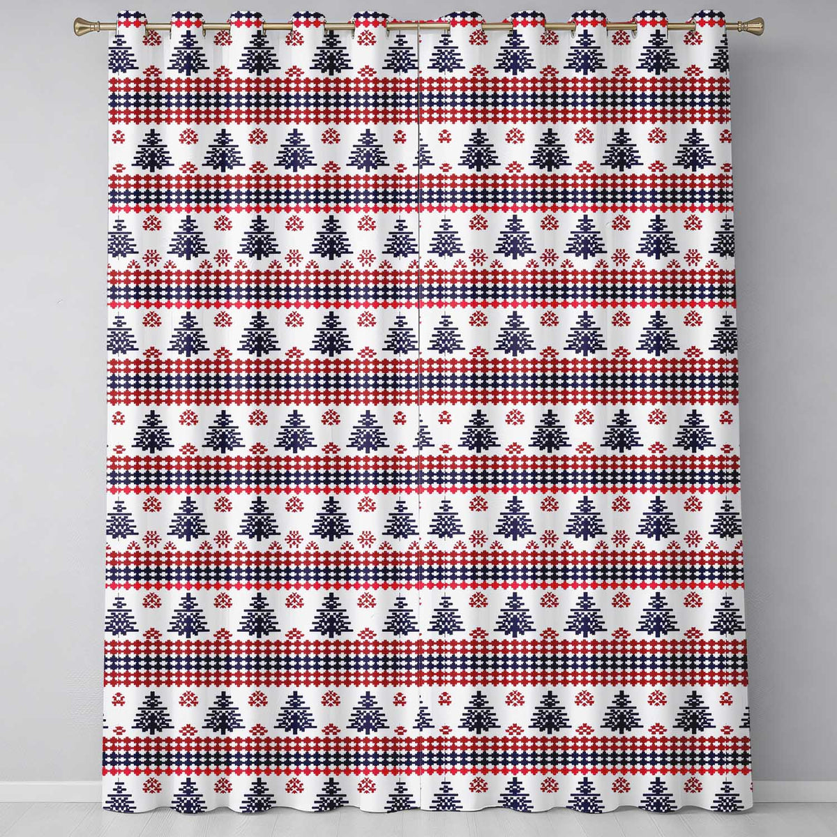 Cute Red White Blue Nordic Christmas Tree Snowflake Seamless Pattern  Readymade Eyelet Ring Top Thermal 100% Blackout Curtains