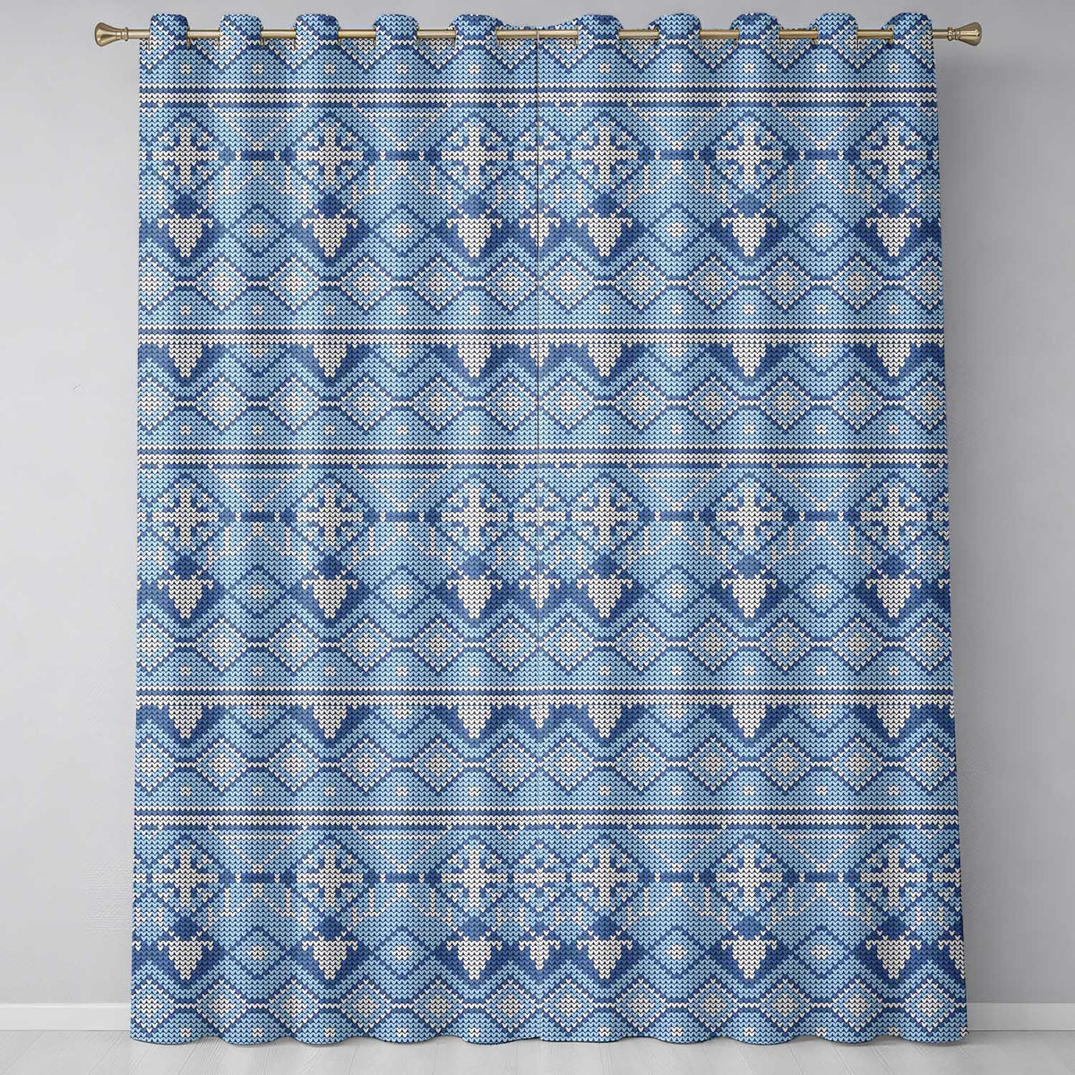 Cute Blue Knitted Winter Heart Snowflake Nordic Seamless Pattern  Readymade Eyelet Ring Top Thermal 100% Blackout Curtains