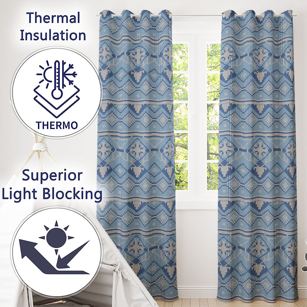 Cute Blue Knitted Winter Heart Snowflake Nordic Seamless Pattern  Readymade Eyelet Ring Top Thermal 100% Blackout Curtains