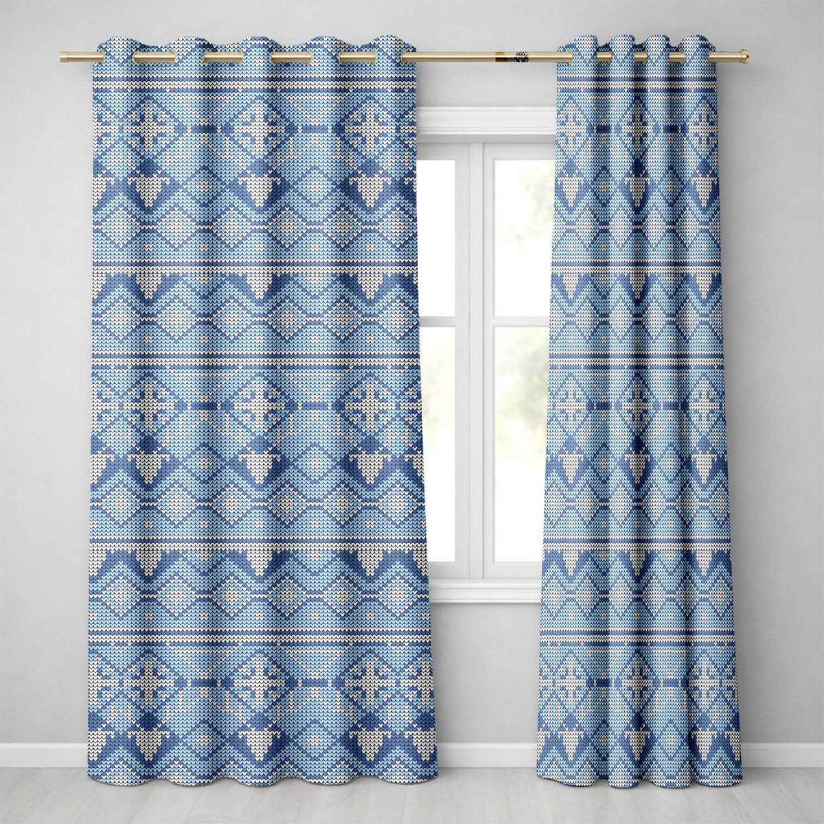 Cute Blue Knitted Winter Heart Snowflake Nordic Seamless Pattern  Readymade Eyelet Ring Top Thermal 100% Blackout Curtains