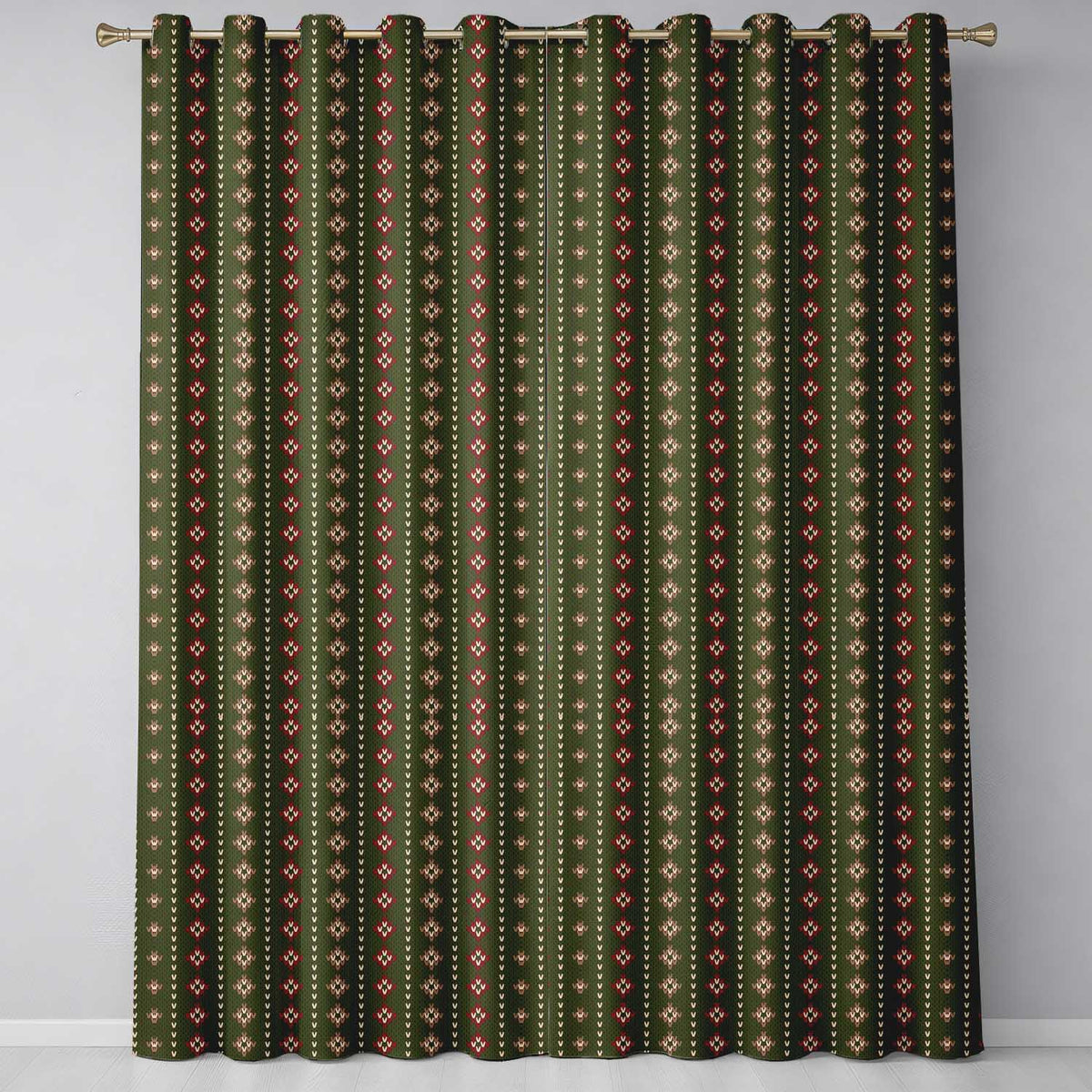 Cute Green Knitted Heart Nordic Minimal Festive Seamless Pattern  Readymade Eyelet Ring Top Thermal 100% Blackout Curtains