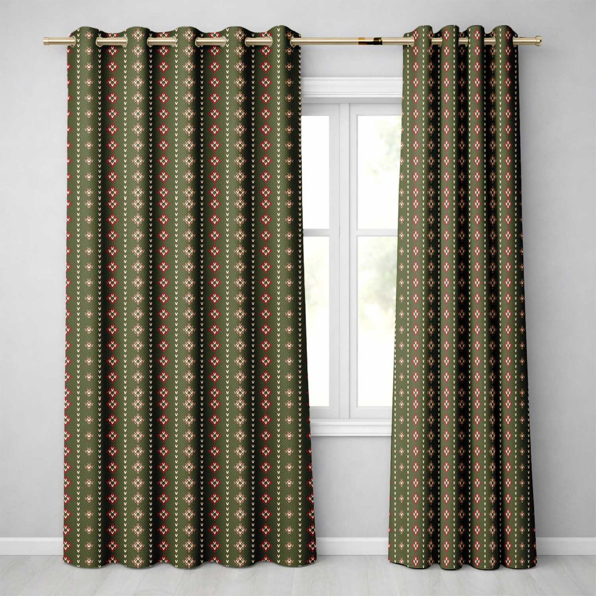 Cute Green Knitted Heart Nordic Minimal Festive Seamless Pattern  Readymade Eyelet Ring Top Thermal 100% Blackout Curtains