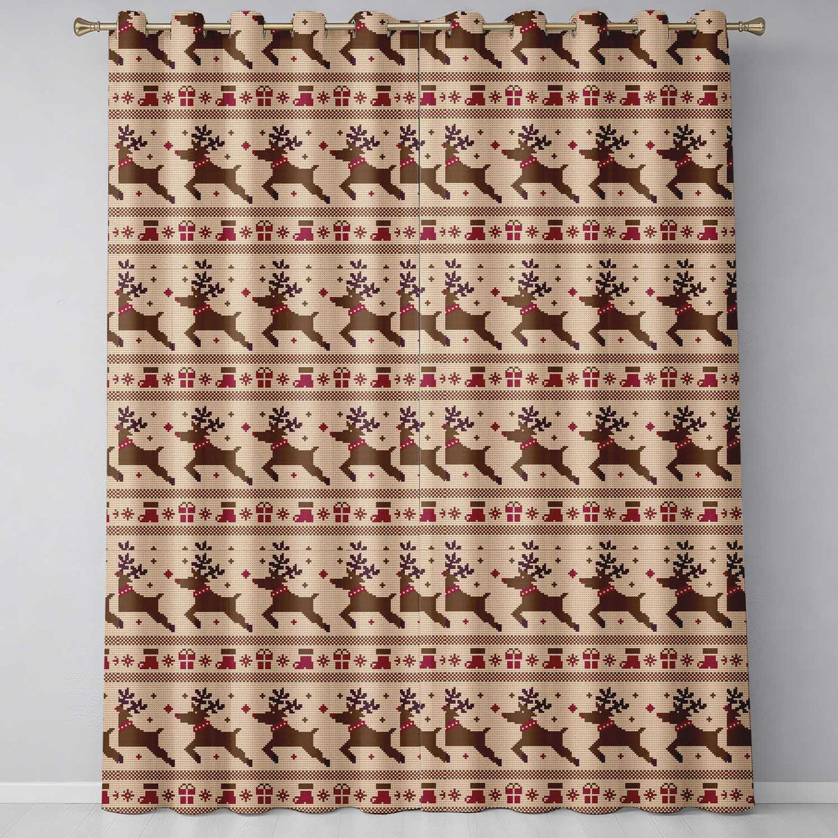 Cute Beige Nordic Reindeer Gift Christmas Knitted Seamless Pattern  Readymade Eyelet Ring Top Thermal 100% Blackout Curtains