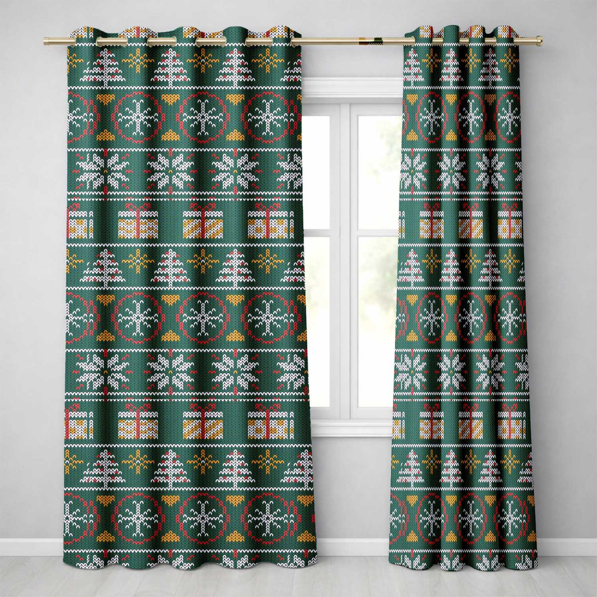 Cute Green Nordic Christmas Tree Snowflake Gift Knitted Seamless Pattern  Readymade Eyelet Ring Top Thermal 100% Blackout Curtains