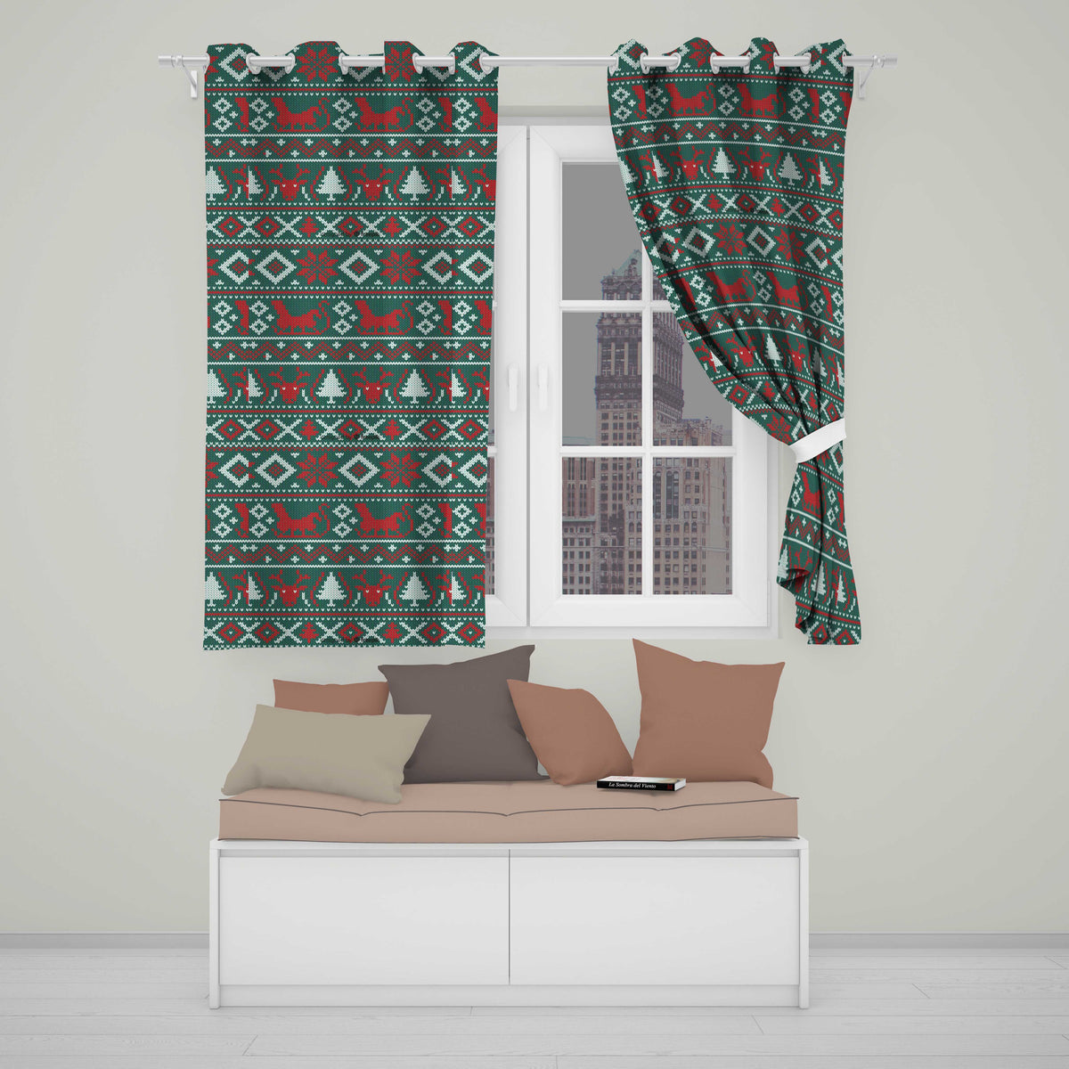 Cute Green Red Nordic Animal Winter Festive Knitted Seamless Pattern  Readymade Eyelet Ring Top Thermal 100% Blackout Curtains