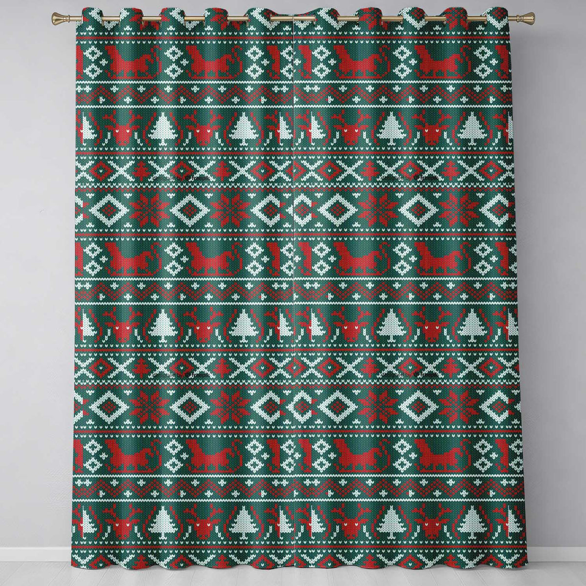 Cute Green Red Nordic Animal Winter Festive Knitted Seamless Pattern  Readymade Eyelet Ring Top Thermal 100% Blackout Curtains