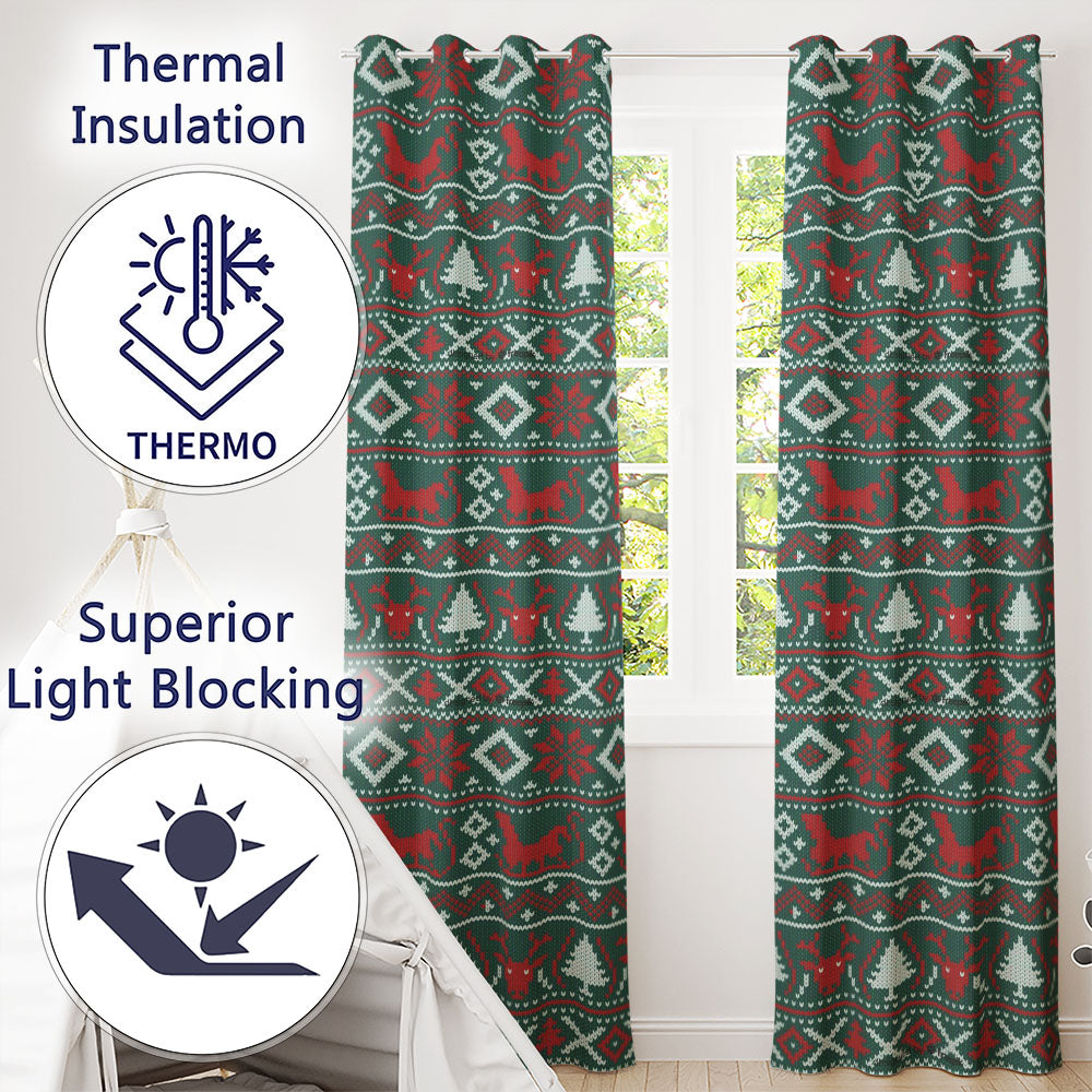 Cute Green Red Nordic Animal Winter Festive Knitted Seamless Pattern  Readymade Eyelet Ring Top Thermal 100% Blackout Curtains