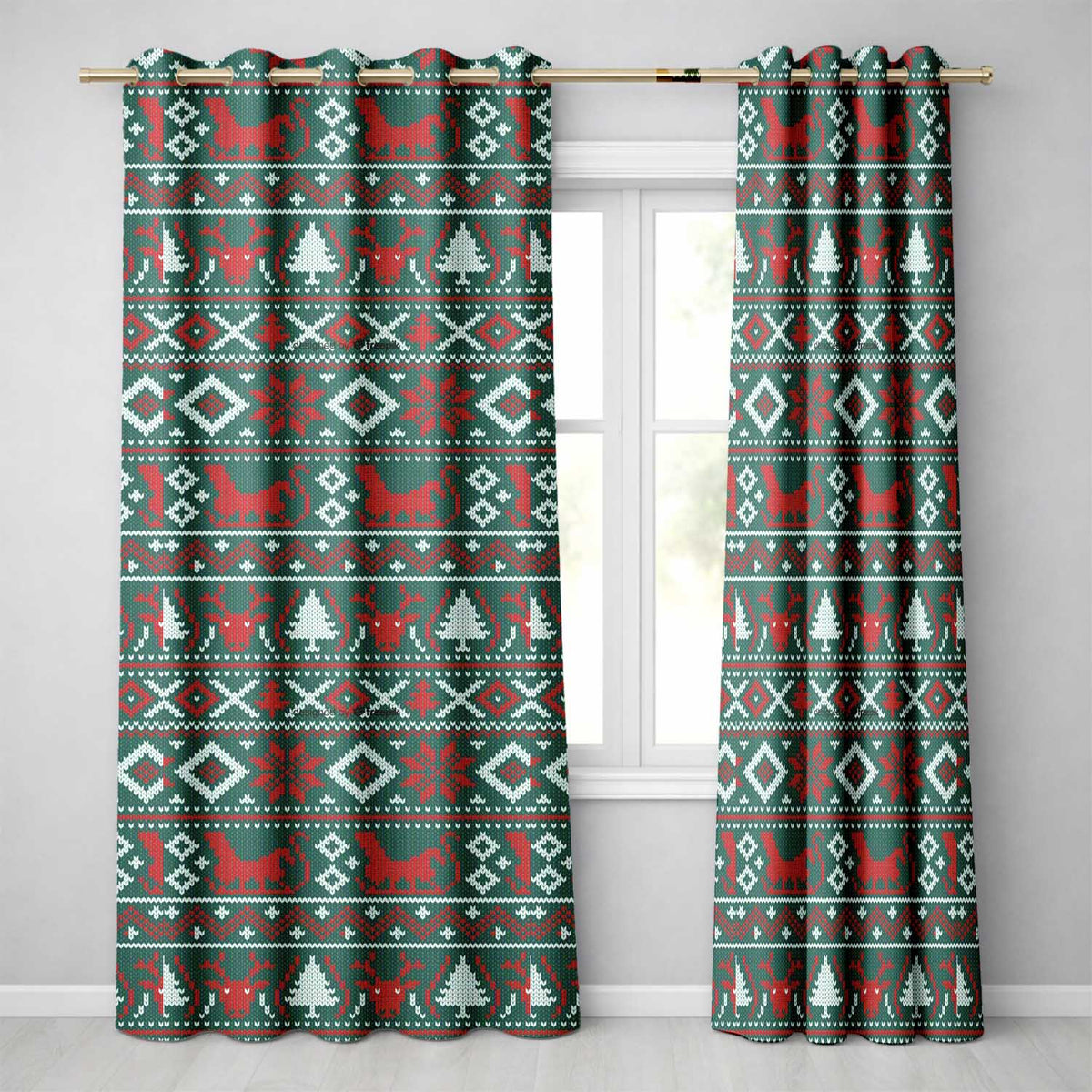 Cute Green Red Nordic Animal Winter Festive Knitted Seamless Pattern  Readymade Eyelet Ring Top Thermal 100% Blackout Curtains