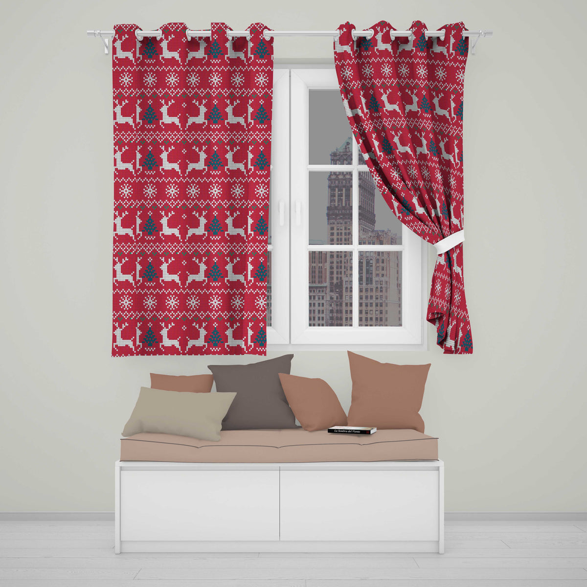 Cute Red Nordic Reindeer Snowflake Christmas Knitted Seamless Pattern  Readymade Eyelet Ring Top Thermal 100% Blackout Curtains