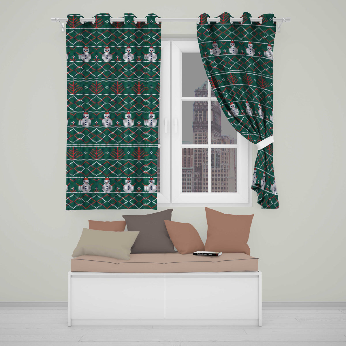 Cute Green Nordic Llama Alpaca Winter Christmas Knitted Seamless Pattern  Readymade Eyelet Ring Top Thermal 100% Blackout Curtains