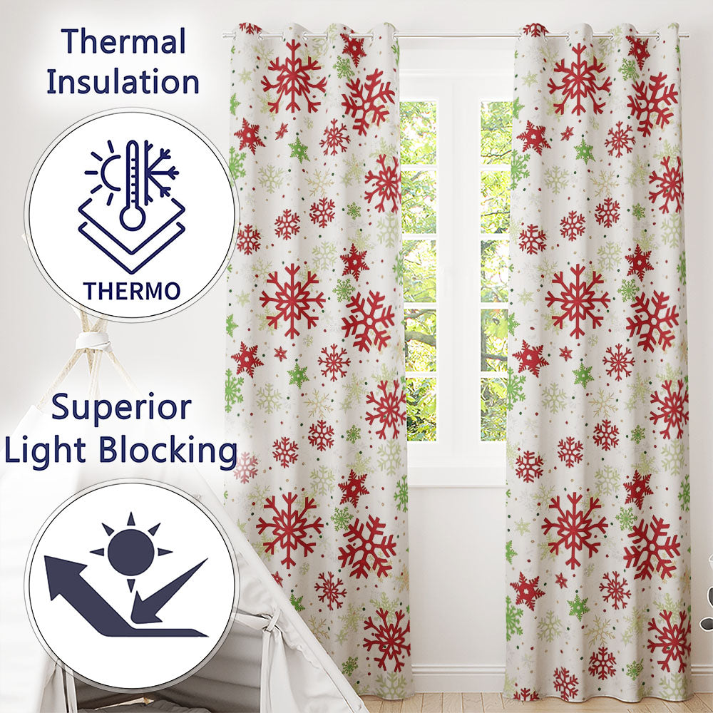 Classic Red Green Snowflake Holiday Seamless Pattern  Readymade Eyelet Ring Top Thermal 100% Blackout Curtains