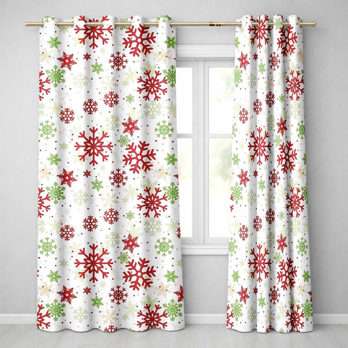 Classic Red Green Snowflake Holiday Seamless Pattern  Readymade Eyelet Ring Top Thermal 100% Blackout Curtains