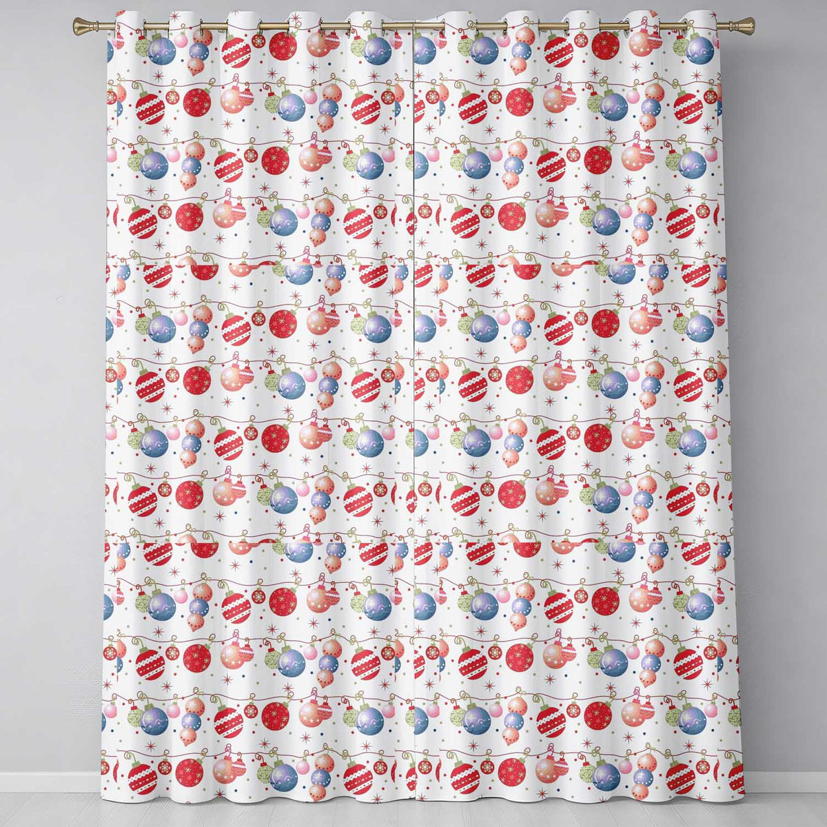 Colorful Christmas Baubles Garland Ornament Seamless Pattern  Readymade Eyelet Ring Top Thermal 100% Blackout Curtains