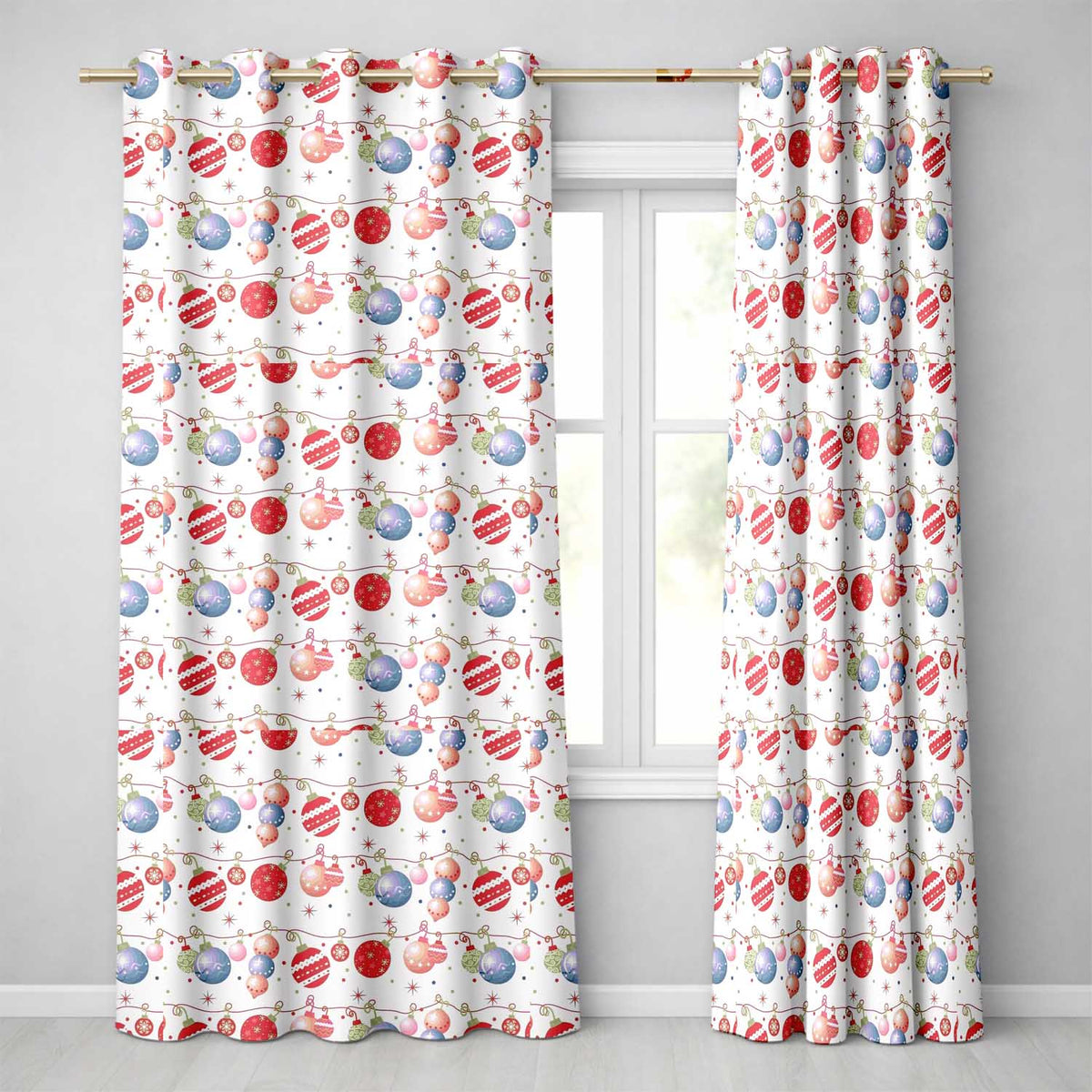 Colorful Christmas Baubles Garland Ornament Seamless Pattern  Readymade Eyelet Ring Top Thermal 100% Blackout Curtains