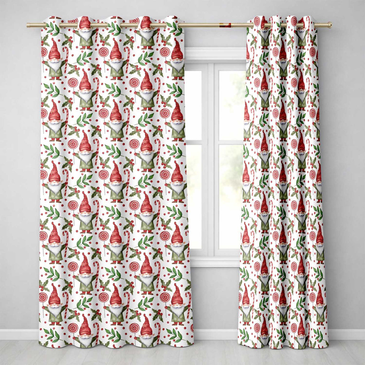 Watercolor Christmas Gnome Candy Cane Holly Berry Seamless Pattern  Readymade Eyelet Ring Top Thermal 100% Blackout Curtains