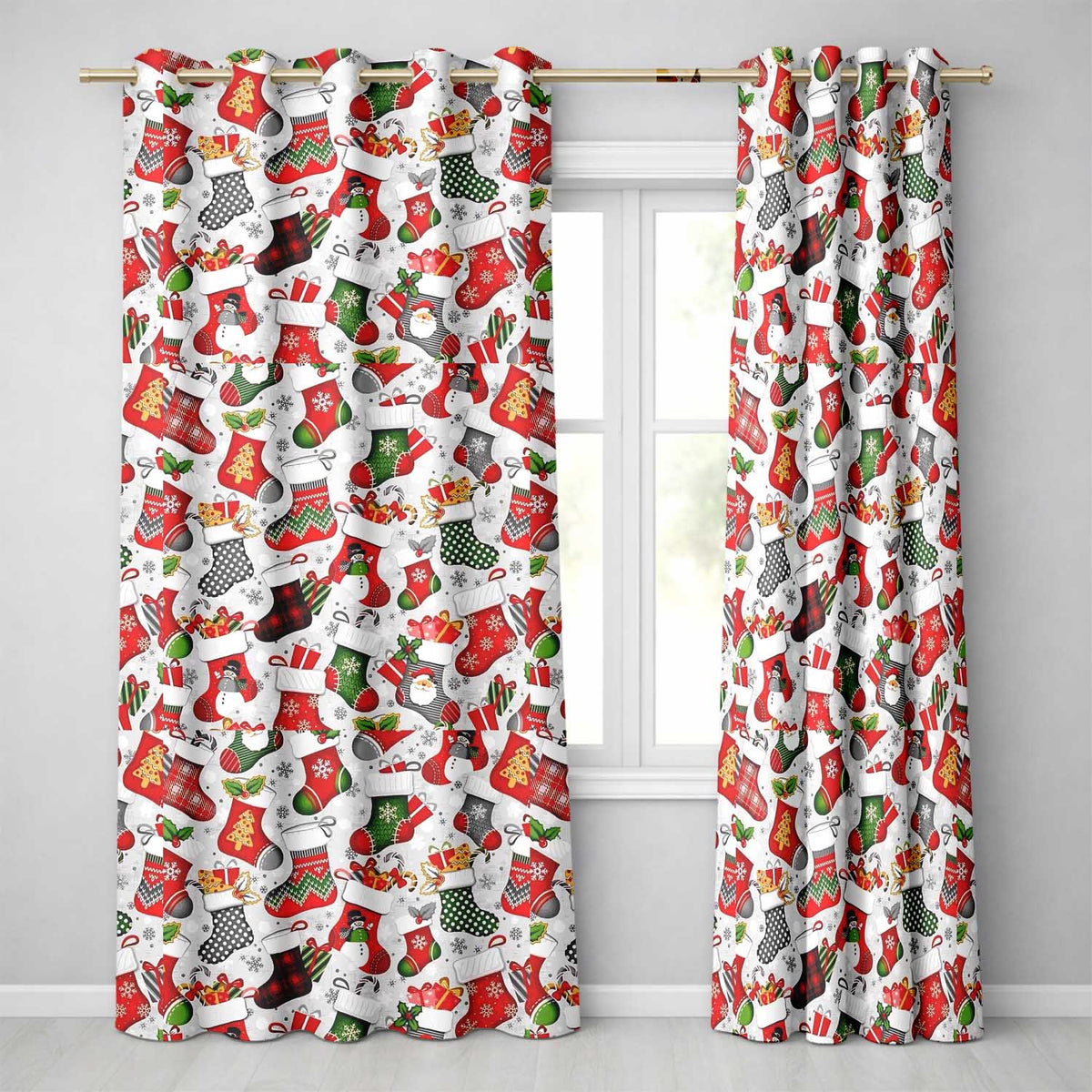 Christmas Stockings Gifts Candy Cane Snowflake Seamless Pattern  Readymade Eyelet Ring Top Thermal 100% Blackout Curtains