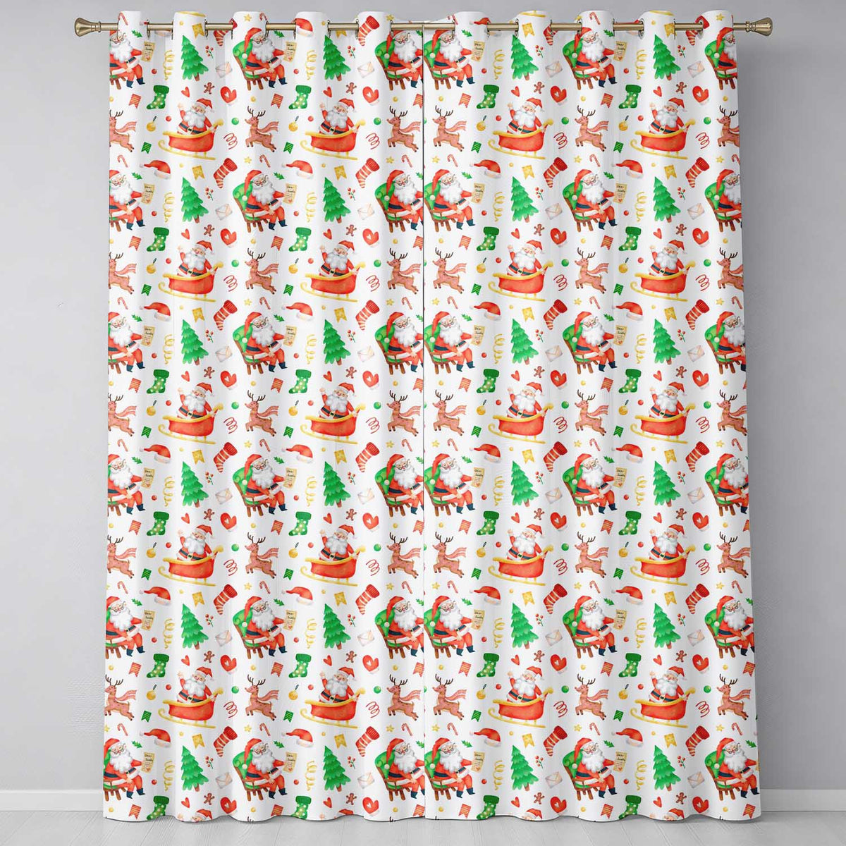 Watercolor Santa Sleigh Reindeer Christmas Seamless Pattern  Readymade Eyelet Ring Top Thermal 100% Blackout Curtains