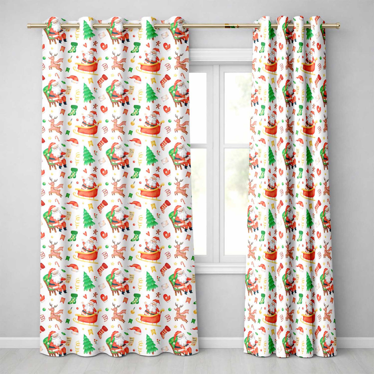 Watercolor Santa Sleigh Reindeer Christmas Seamless Pattern  Readymade Eyelet Ring Top Thermal 100% Blackout Curtains