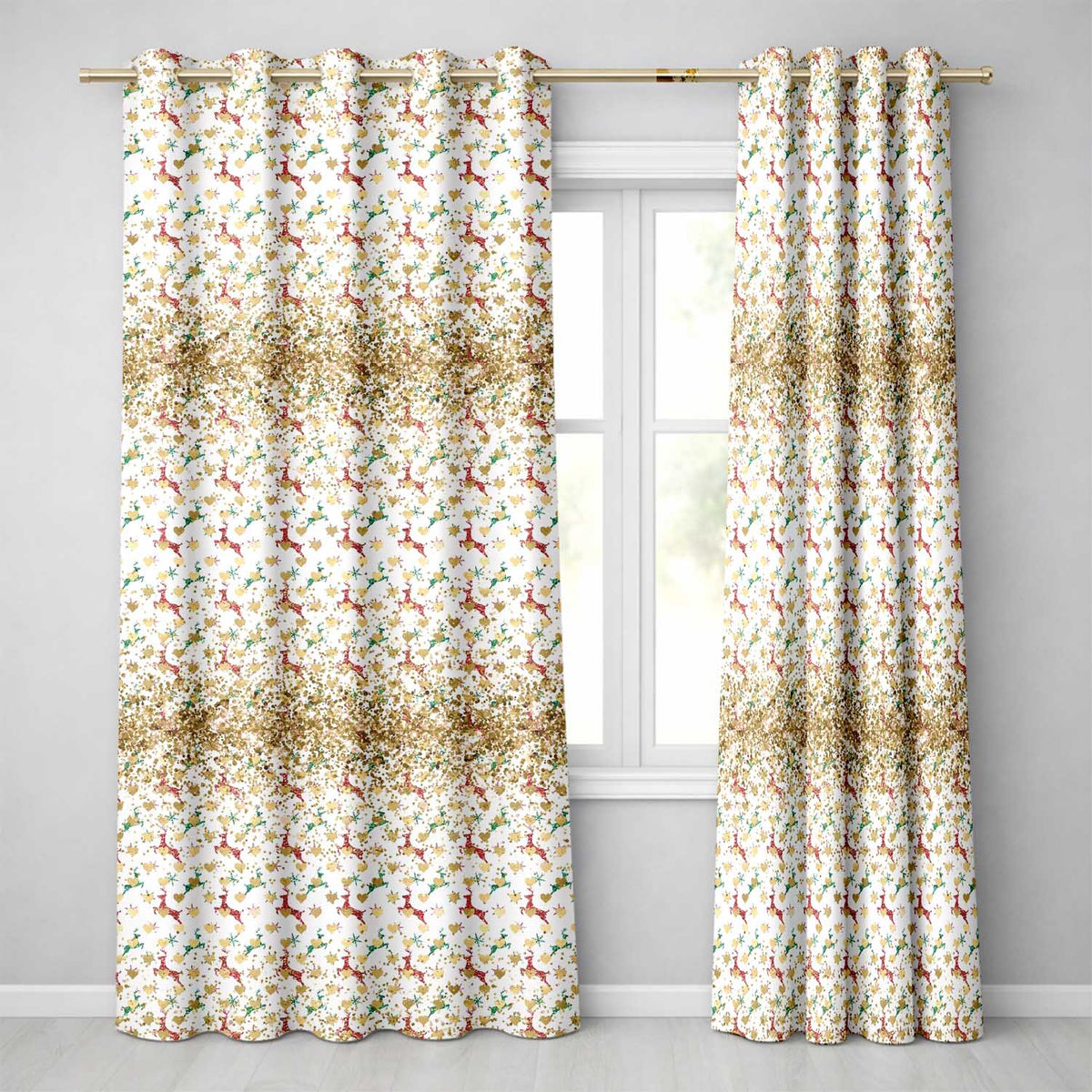 Festive Reindeer Heart Gold Glitter Christmas Seamless Pattern  Readymade Eyelet Ring Top Thermal 100% Blackout Curtains