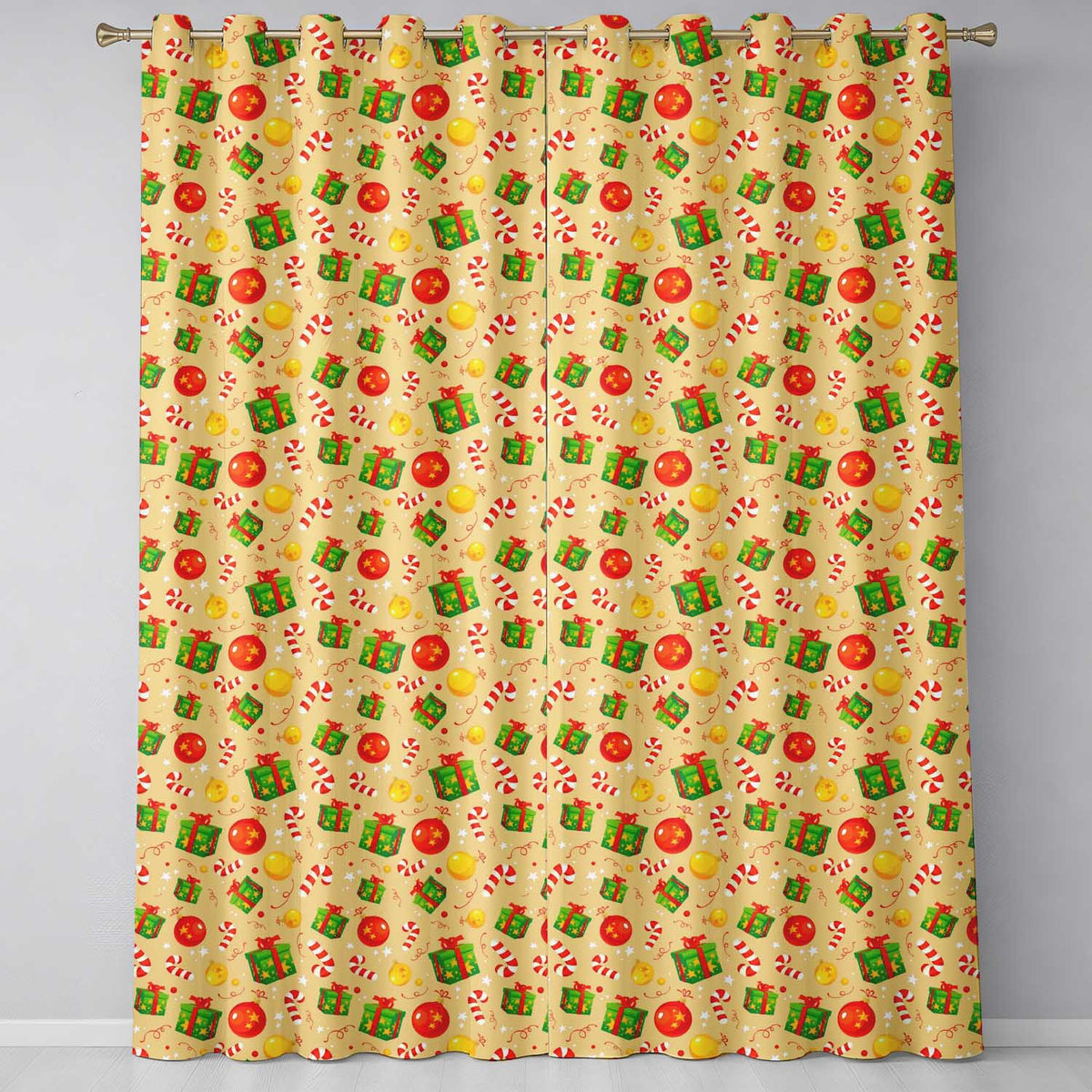 Christmas Gifts Candy Cane Baubles Festive Seamless Pattern  Readymade Eyelet Ring Top Thermal 100% Blackout Curtains