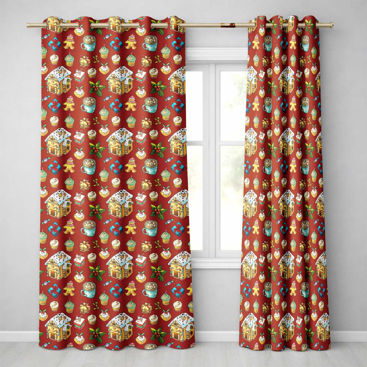 Gingerbread House Cupcake Candy Christmas Seamless Pattern  Readymade Eyelet Ring Top Thermal 100% Blackout Curtains