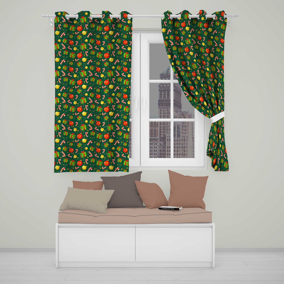 Christmas Gift Box Candy Cane Ornament Seamless Pattern  Readymade Eyelet Ring Top Thermal 100% Blackout Curtains