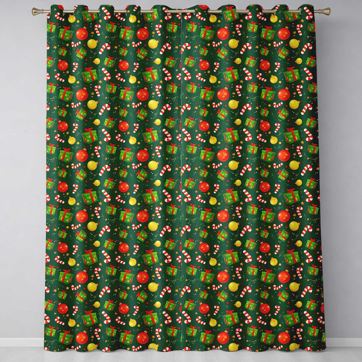 Christmas Gift Box Candy Cane Ornament Seamless Pattern  Readymade Eyelet Ring Top Thermal 100% Blackout Curtains