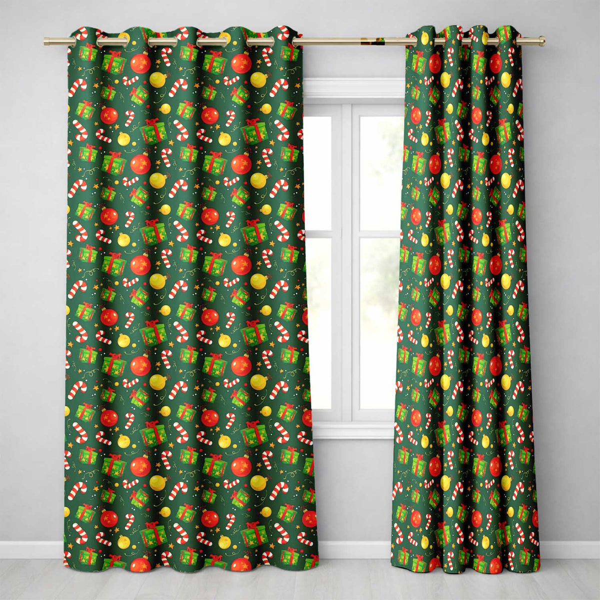 Christmas Gift Box Candy Cane Ornament Seamless Pattern  Readymade Eyelet Ring Top Thermal 100% Blackout Curtains
