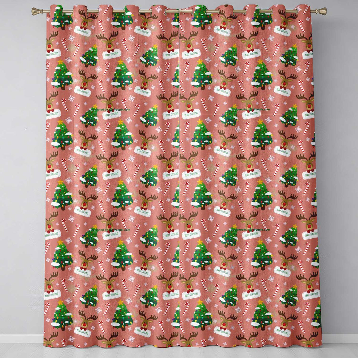 Cute Reindeer Christmas Tree Candy Cane Seamless Pattern  Readymade Eyelet Ring Top Thermal 100% Blackout Curtains