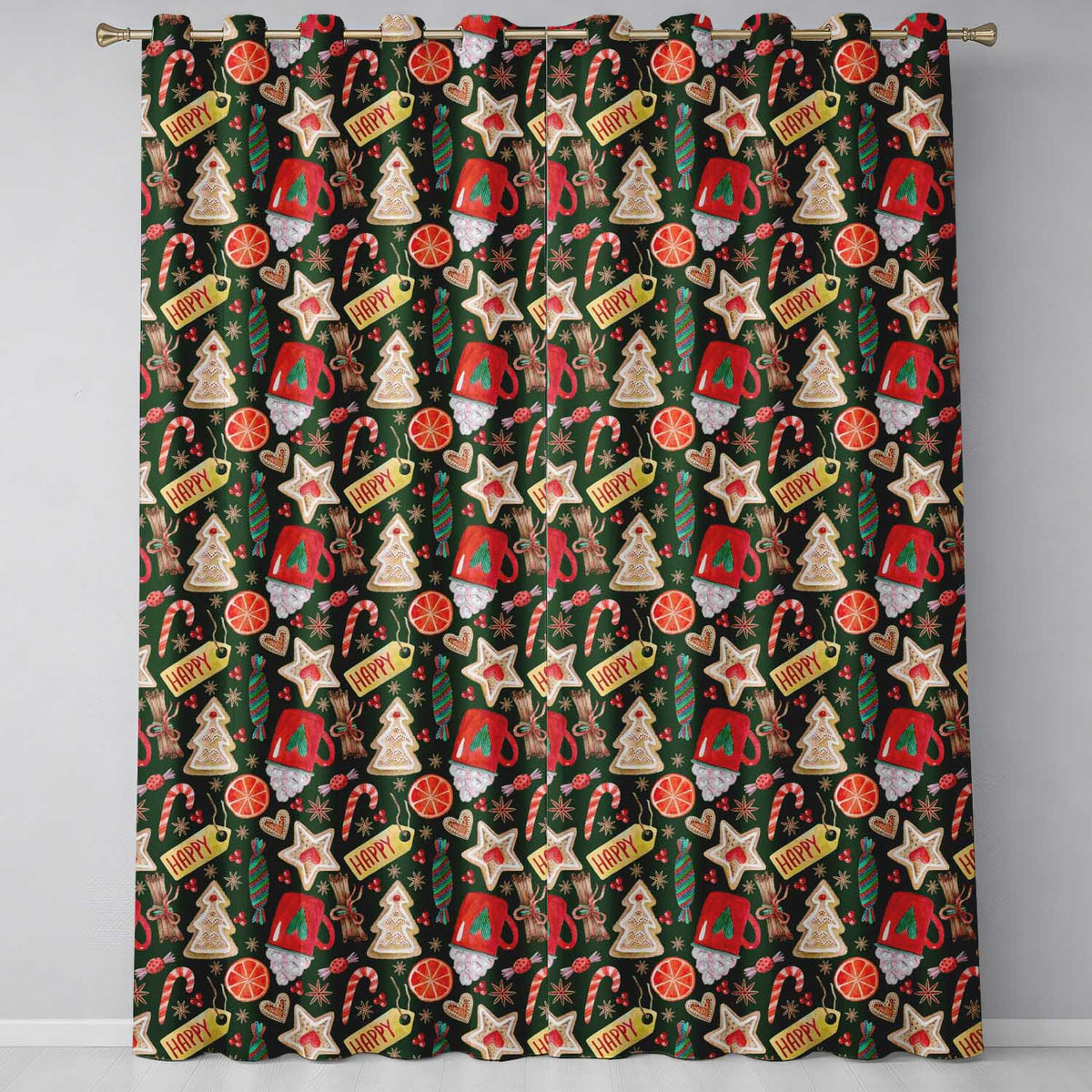 Watercolor Christmas Mug Cookie Candy Cane Orange Seamless Pattern  Readymade Eyelet Ring Top Thermal 100% Blackout Curtains
