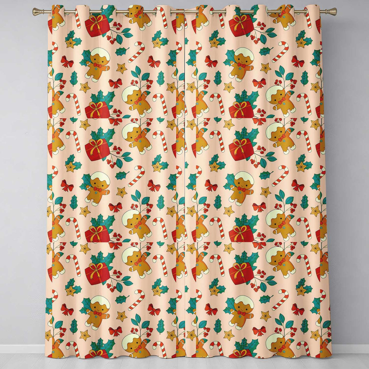 Cute Gingerbread Candy Cane Holly Berry Seamless Pattern  Readymade Eyelet Ring Top Thermal 100% Blackout Curtains