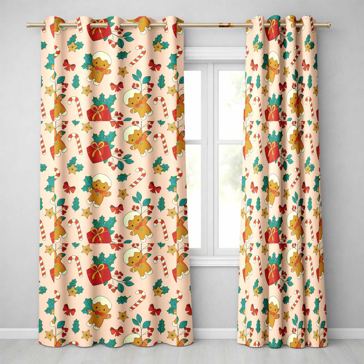 Cute Gingerbread Candy Cane Holly Berry Seamless Pattern  Readymade Eyelet Ring Top Thermal 100% Blackout Curtains