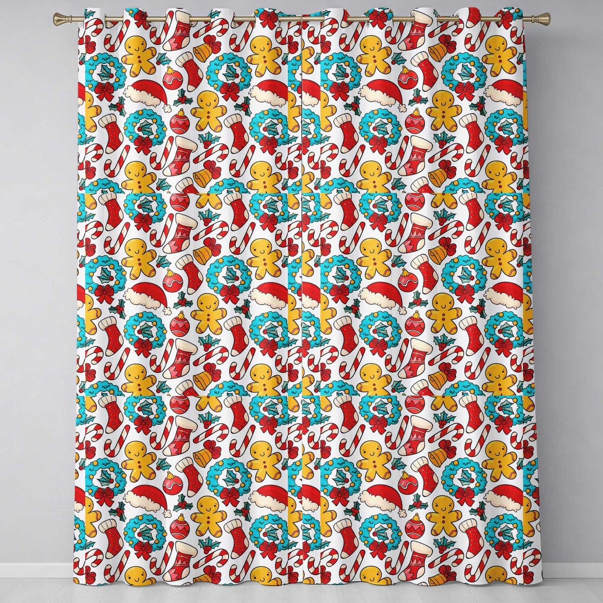 Cute Gingerbread Candy Cane Wreath Stocking Christmas Seamless Pattern  Readymade Eyelet Ring Top Thermal 100% Blackout Curtains