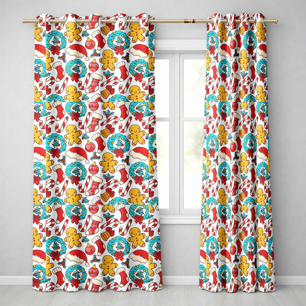 Cute Gingerbread Candy Cane Wreath Stocking Christmas Seamless Pattern  Readymade Eyelet Ring Top Thermal 100% Blackout Curtains