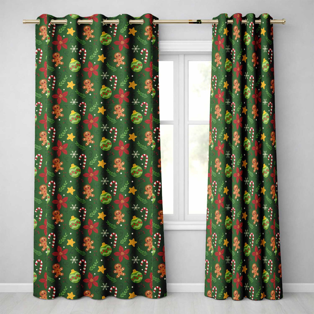 Cute Gingerbread Poinsettia Ornament Candy Cane Seamless Pattern  Readymade Eyelet Ring Top Thermal 100% Blackout Curtains