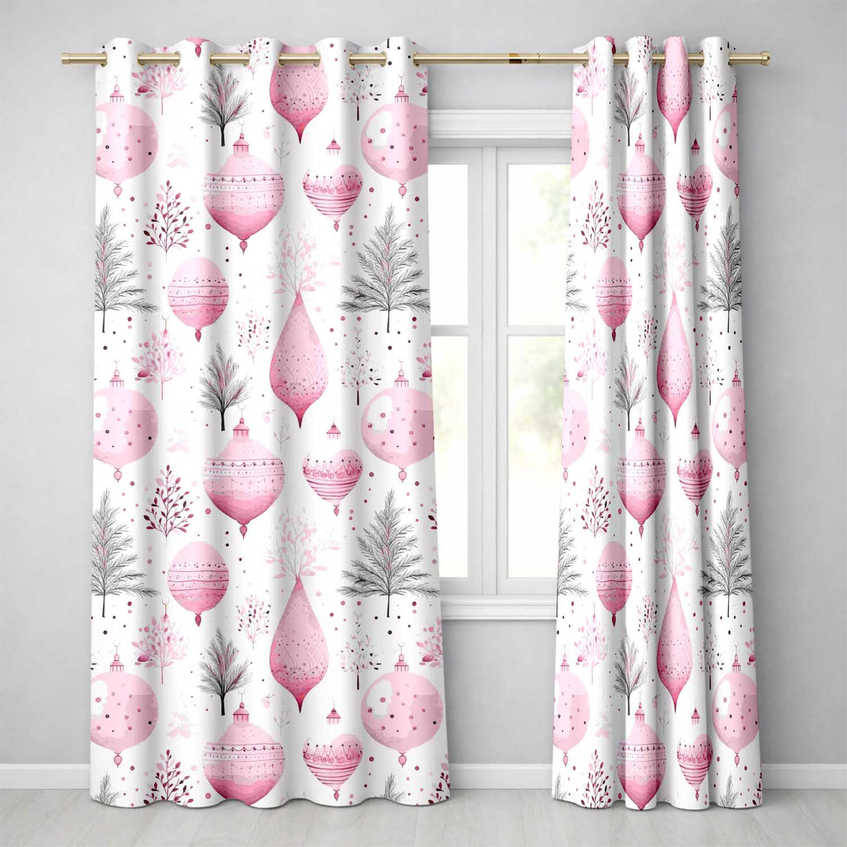 Watercolor Pink Bauble Pine Branch Christmas Seamless Pattern  Readymade Eyelet Ring Top Thermal 100% Blackout Curtains