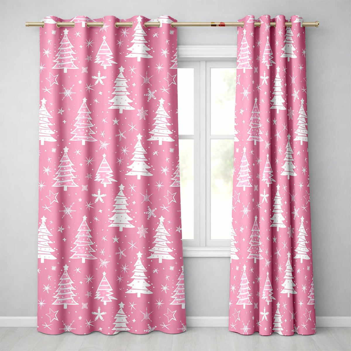 Pink Christmas Tree Snowflake Festive Winter Pattern Chic Style Readymade Eyelet Ring Top Thermal 100% Blackout Curtains