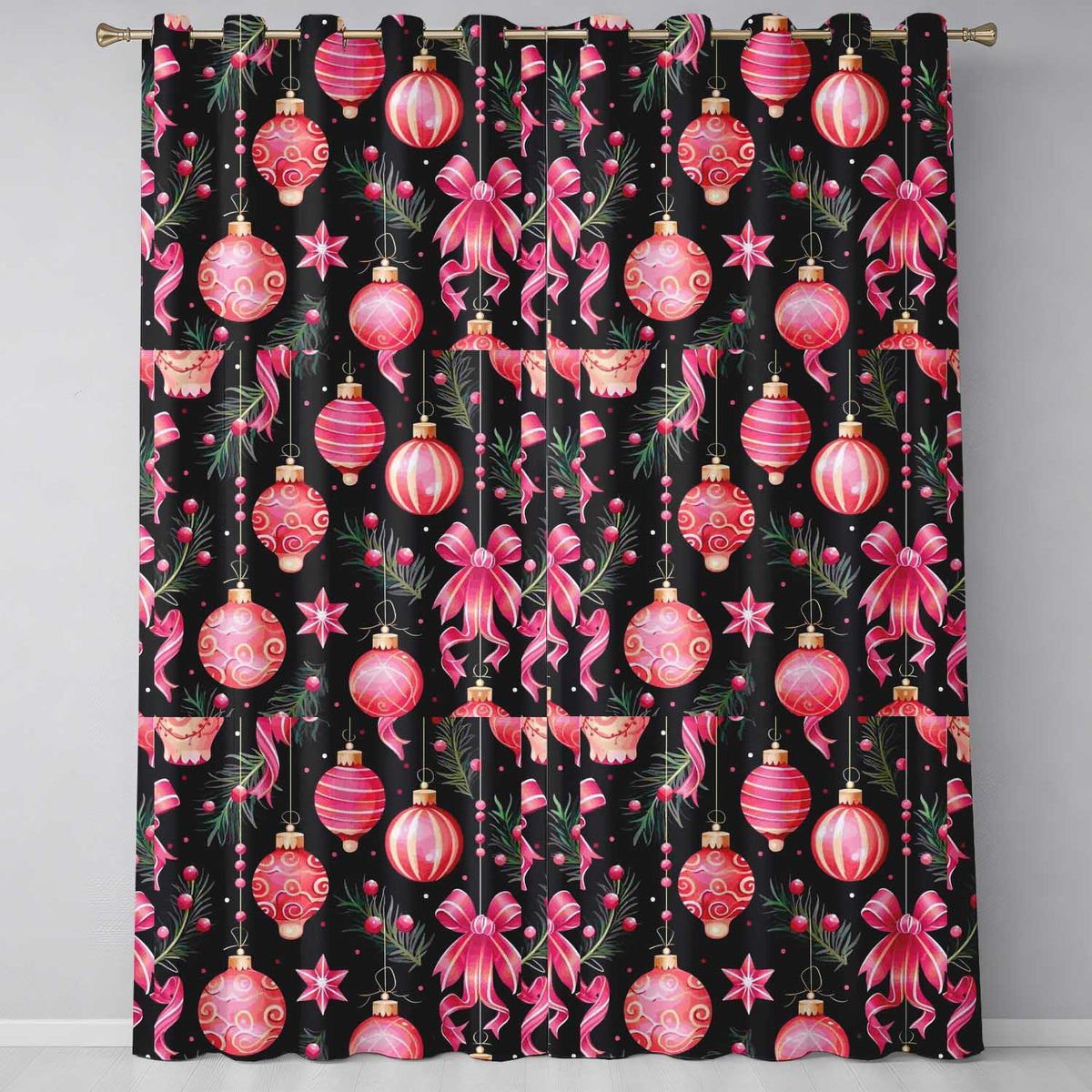 Black Pink Christmas Bauble Ribbon Festive Ornament Pattern Art Readymade Eyelet Ring Top Thermal 100% Blackout Curtains