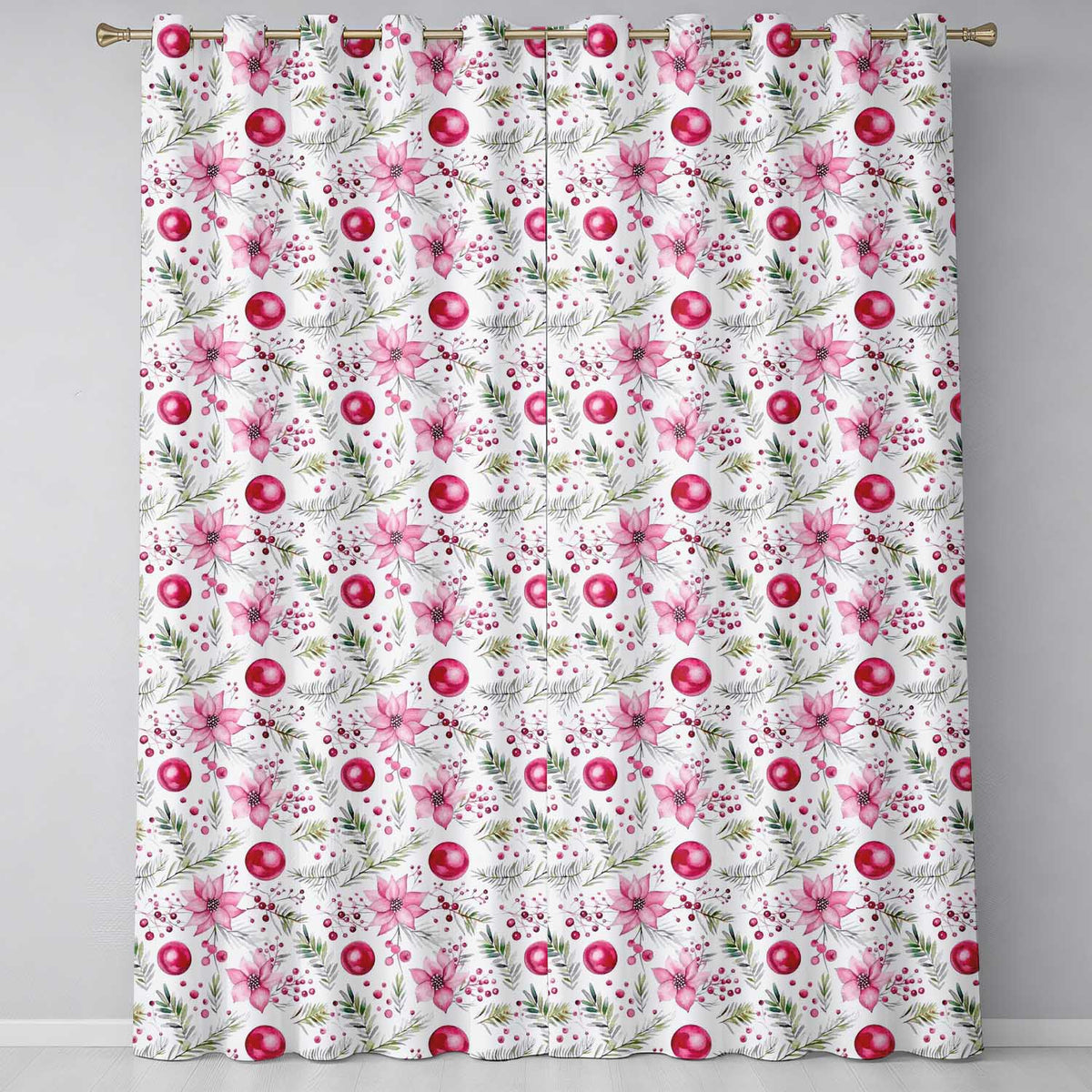 White Pink Poinsettia Bauble Festive Botanical Pattern Elegance Readymade Eyelet Ring Top Thermal 100% Blackout Curtains