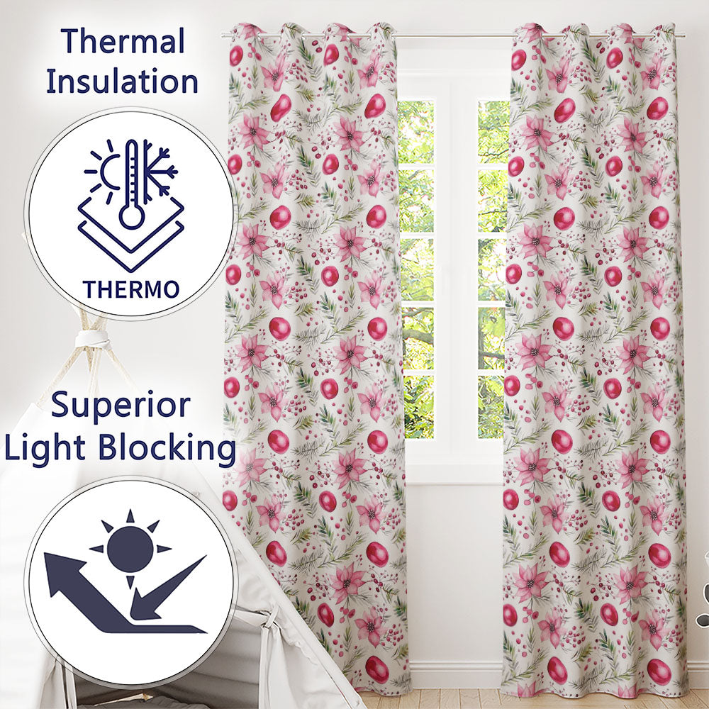 White Pink Poinsettia Bauble Festive Botanical Pattern Elegance Readymade Eyelet Ring Top Thermal 100% Blackout Curtains