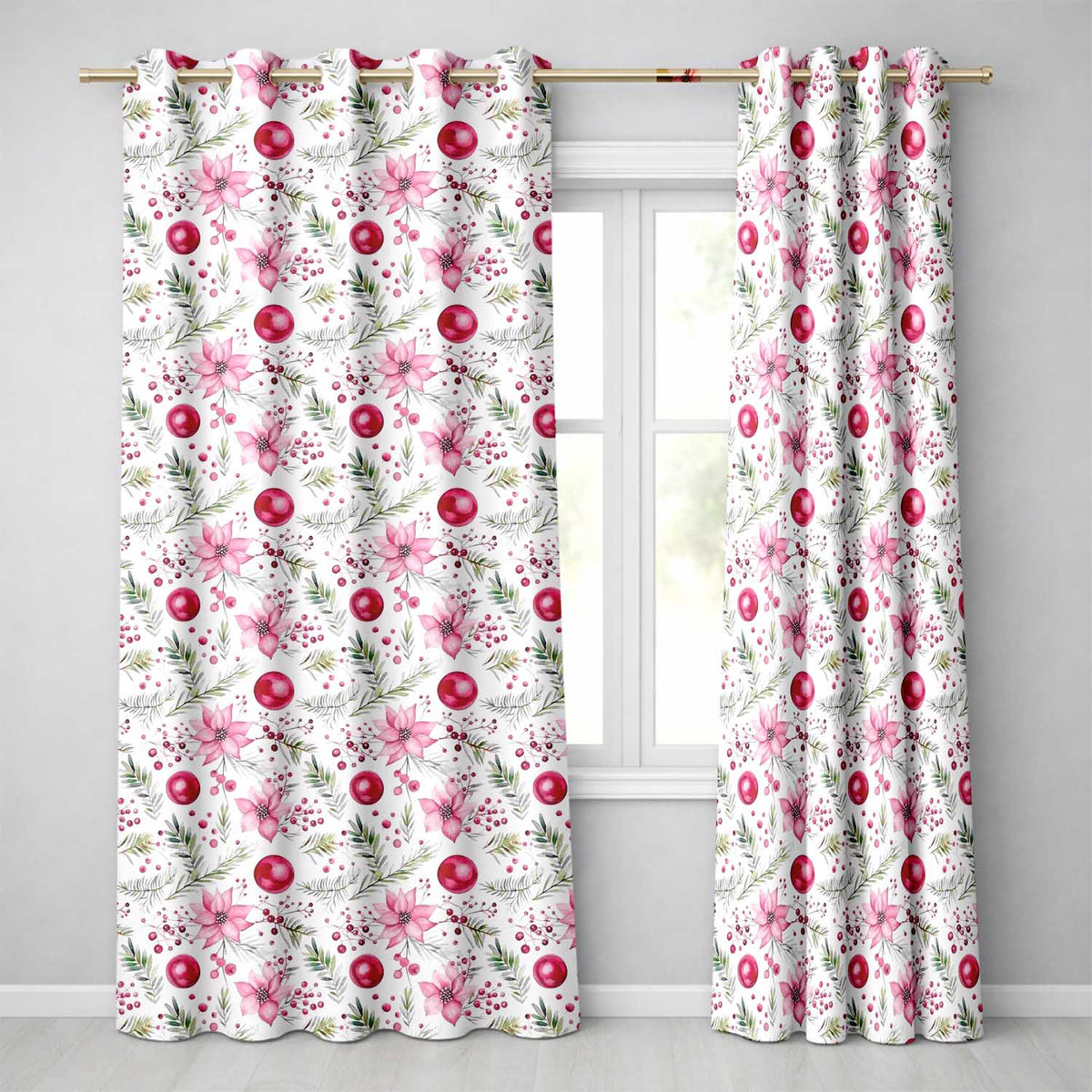 White Pink Poinsettia Bauble Festive Botanical Pattern Elegance Readymade Eyelet Ring Top Thermal 100% Blackout Curtains