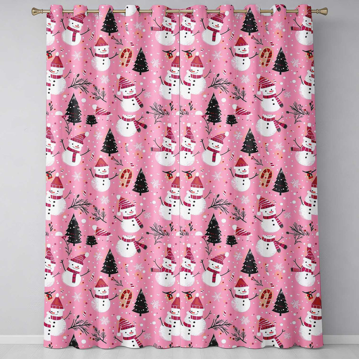 Pink Snowman Candy Cane Christmas Festive Pattern Readymade Eyelet Ring Top Thermal 100% Blackout Curtains