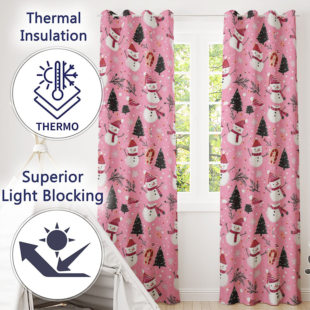 Pink Snowman Candy Cane Christmas Festive Pattern Readymade Eyelet Ring Top Thermal 100% Blackout Curtains