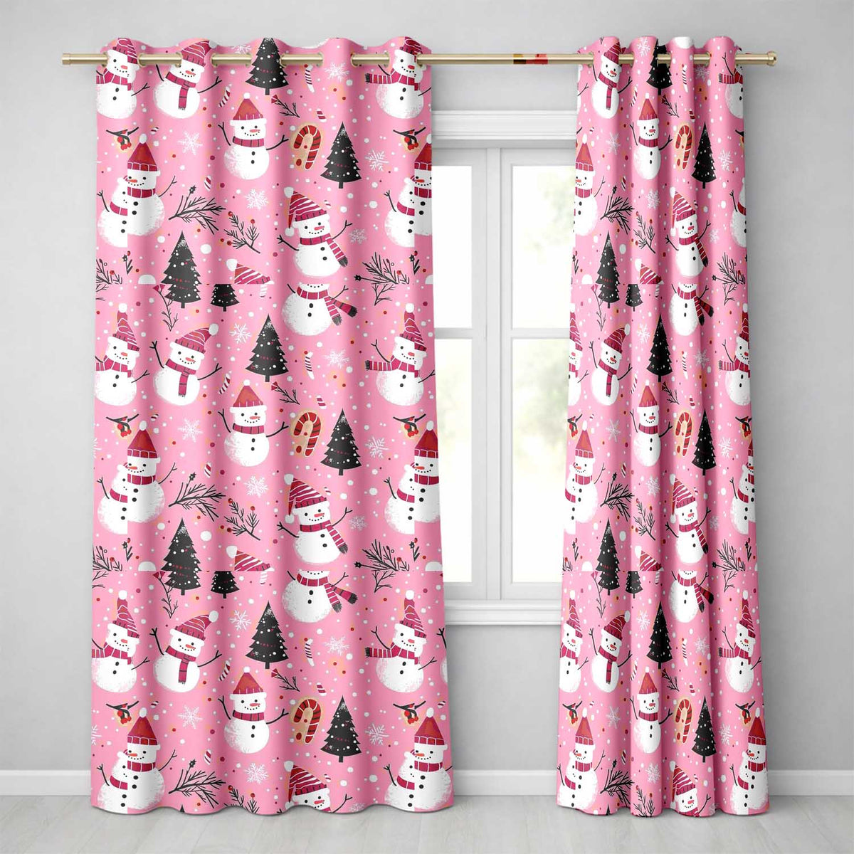 Pink Snowman Candy Cane Christmas Festive Pattern Readymade Eyelet Ring Top Thermal 100% Blackout Curtains