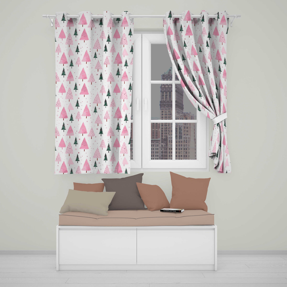 White Pink Green Minimal Christmas Tree Pattern Readymade Eyelet Ring Top Thermal 100% Blackout Curtains
