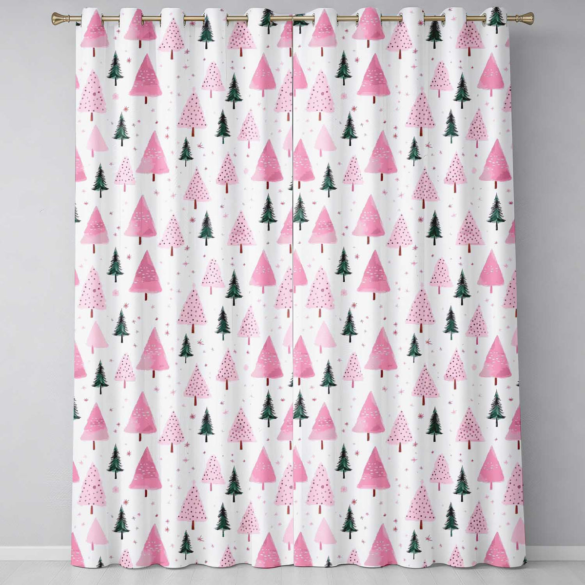 White Pink Green Minimal Christmas Tree Pattern Readymade Eyelet Ring Top Thermal 100% Blackout Curtains