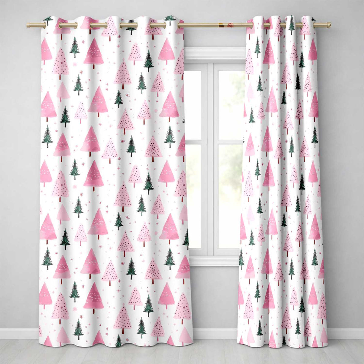 White Pink Green Minimal Christmas Tree Pattern Readymade Eyelet Ring Top Thermal 100% Blackout Curtains
