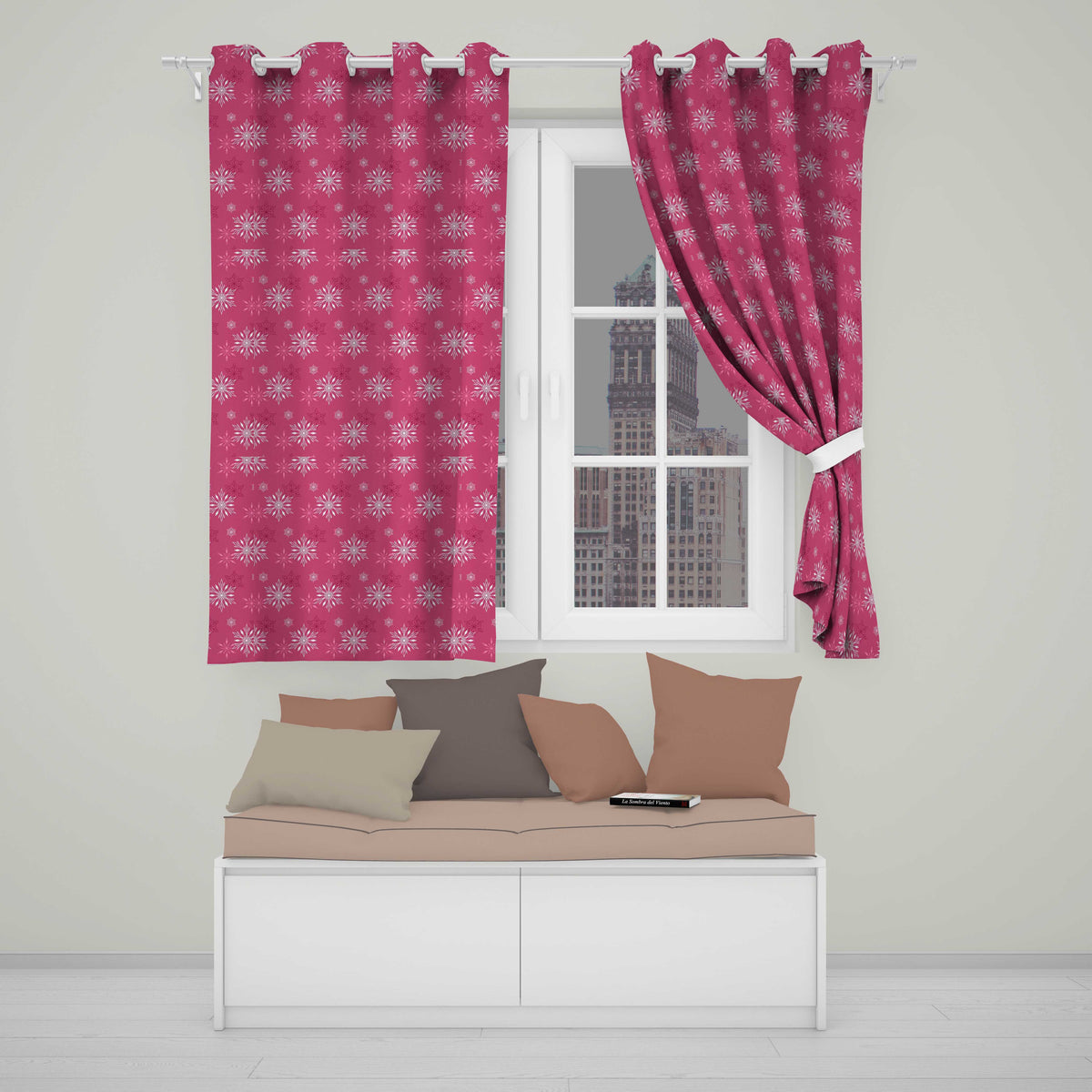 Dark Pink Snowflake Festive Winter Pattern Design Readymade Eyelet Ring Top Thermal 100% Blackout Curtains