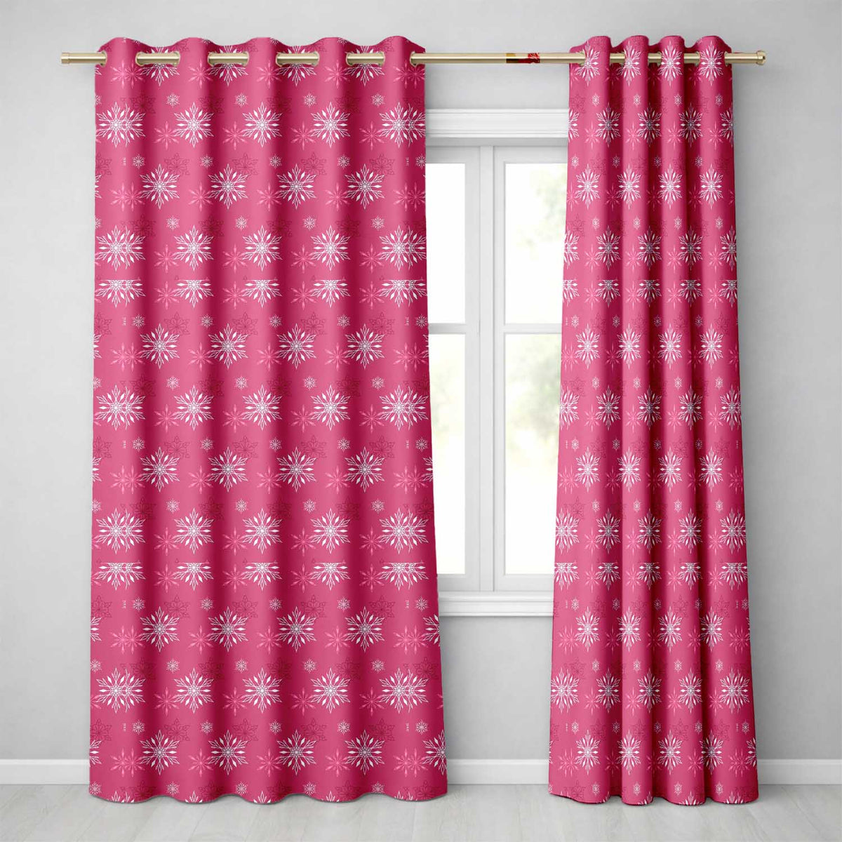 Dark Pink Snowflake Festive Winter Pattern Design Readymade Eyelet Ring Top Thermal 100% Blackout Curtains